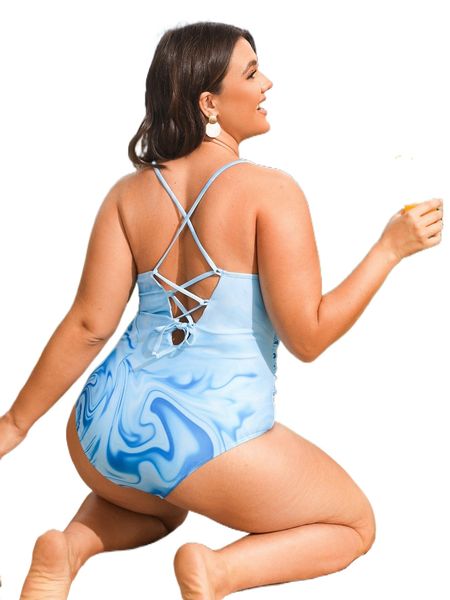 

plus marble print lace up back one piece swimsuit a0gb#, White;black