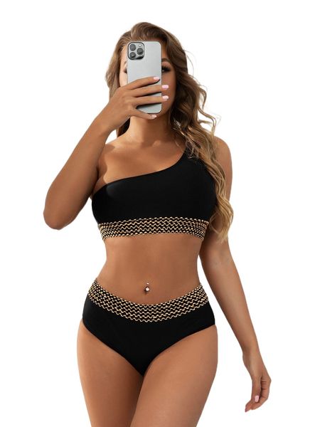 

s.equin decor o.ne s.houlder b.ikini swimsuit d1rn#, White;black