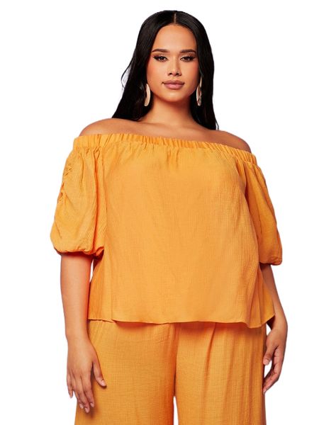 

plus off shoulder ruched puff sleeve blouse s6qf#, Black