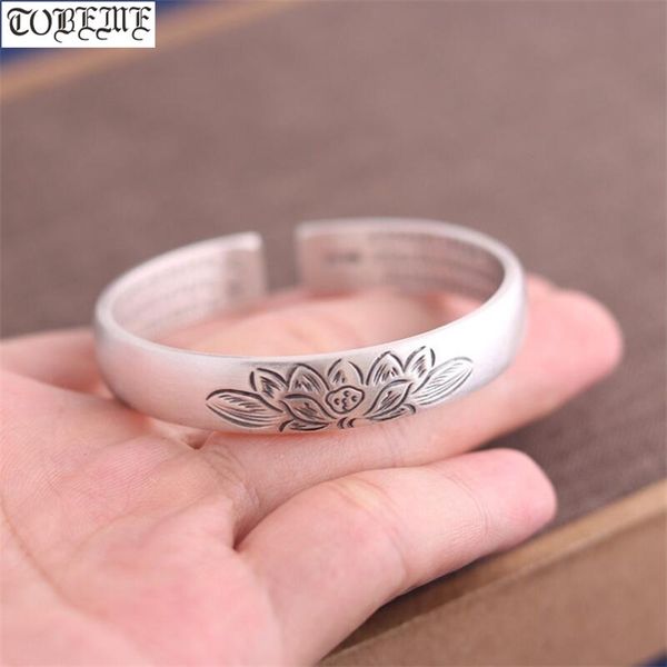 

100% 999 silver tibetan lotus cuff bracelet pure silver buddhist heart sutra bangle silver women bangle t200423, Black
