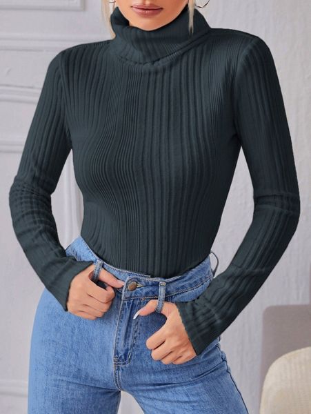 

turtle neck ribbed knit tee q9sl#, White