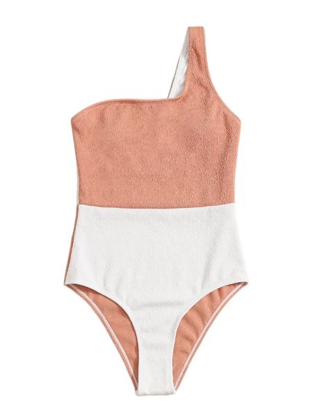 

colorblock one shoulder one piece swimsuit m7mw#, White;black