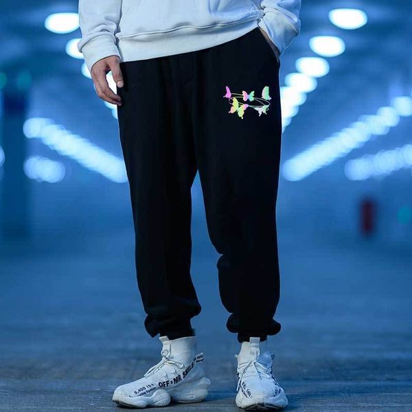 

butterfly rainbow print pants men reflective joggers streetwear casual sweatpant long trousers sports train pant drop 220608, Black