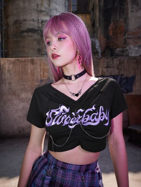 

romwe letter graphic ruched crop tee z7tf#, White