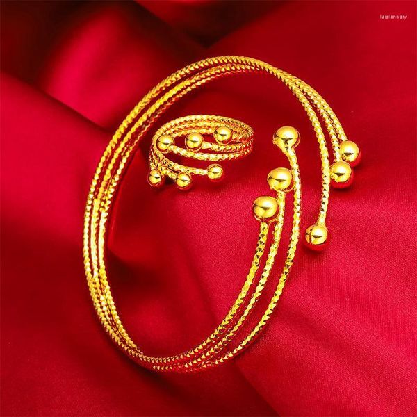 Bangle Yellow Gold Color Jewelry Conjuntos para mulheres Multi -Bads Charm Brangele