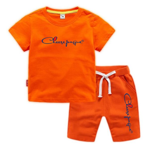 

2Pcs Fashion Children Brand Short Sleeve Shorts Sets Summer Kids Clothes Boy Girl Baby 100% Cotton Tee Pant Outfits Orange Tracksuits, Red 1