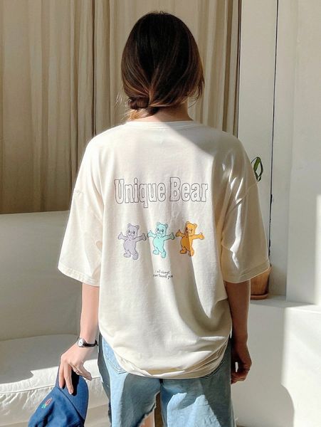 

dazy bear & letter graphic drop shoulder tee 37pq#, White
