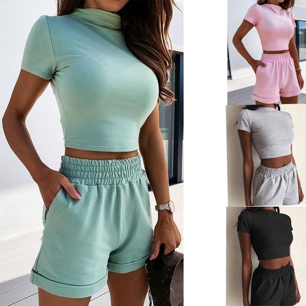 

2022 new tracksuits 2pcs new casual women summer clothes sets short sleeve crop + elastic high waist shorts solid color female outfits, Gray