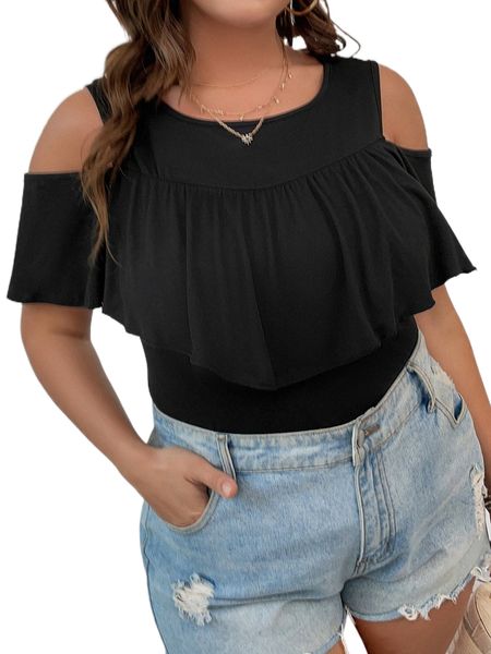 

plus solid cold shoulder tee j0a5#, Black