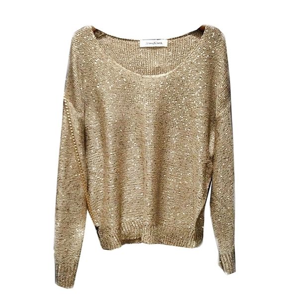 

gold lurex knit women sequined sweaters long sleeve big oneck casual loose embellished girls jumpers 12 colors y200910, White;black