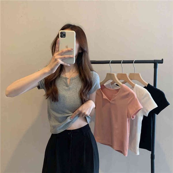 

short t-shirt women's spring and summer short sleeve v-neck design sense pink slim fit high waist navel exposed chic top, White