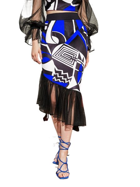 

x chen miaomiao geo print mesh hem skirt 980k#, Black