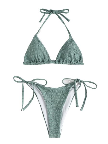 

plain smocked halter triangle bikini swimsuit y3h1#, White;black