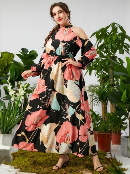 

plus floral print cold shoulder lantern sleeve dress j5xs#, Black