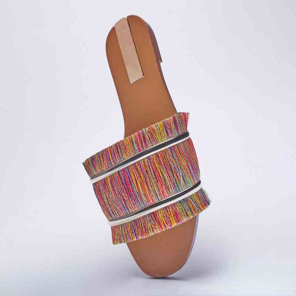 

shoes summer 2022 new color matching one word open toe tassel flat sandals casual women's slippers, Black