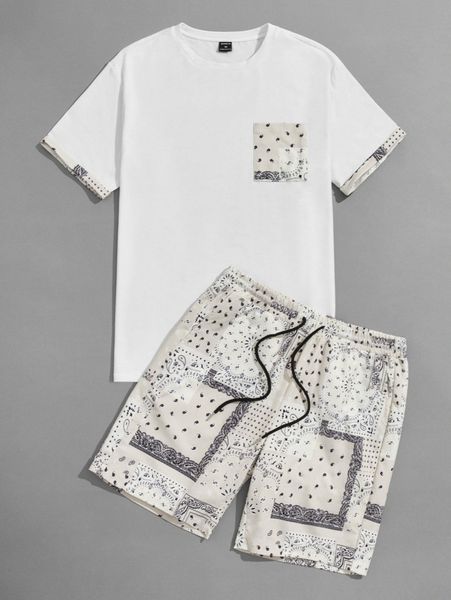 

men scarf print patch pocket tee & drawstring waist shorts set k3vp#, Gray