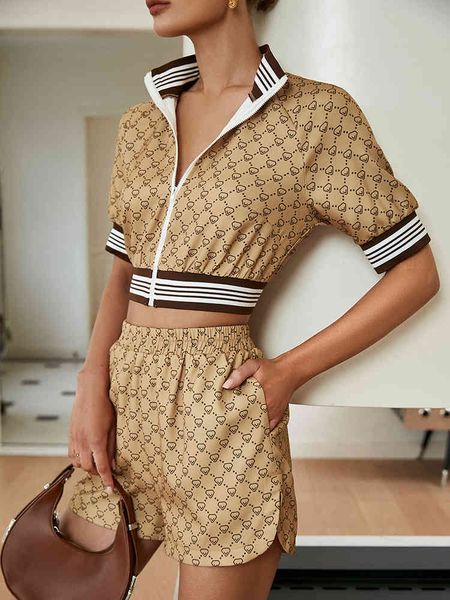 

women zipper polo print piece sets cropped short sleeves suits street lady, Gray