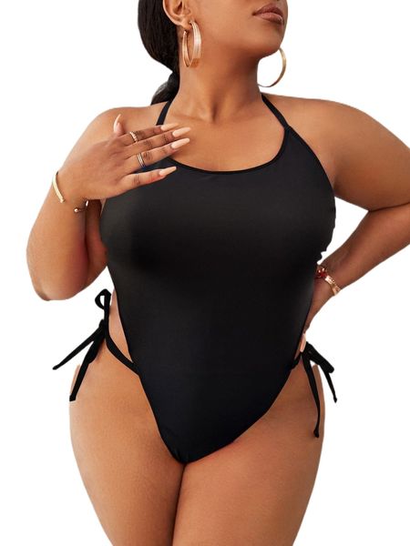 

plus tie backless halter one piece swimsuit 02j5#, White;black