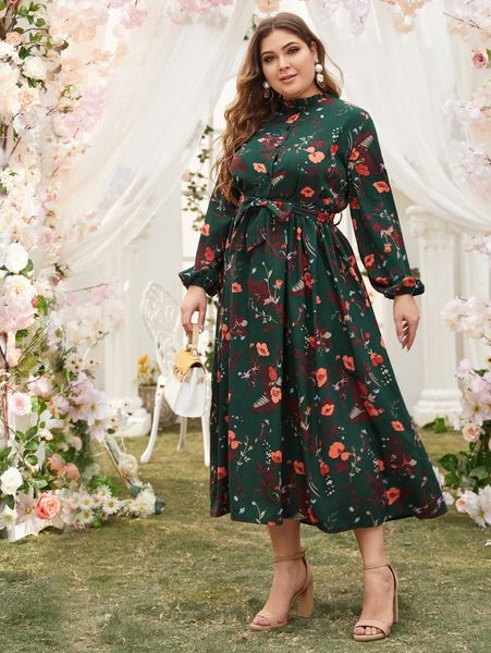 

plus mock neck floral print belted dress g52j#, Black