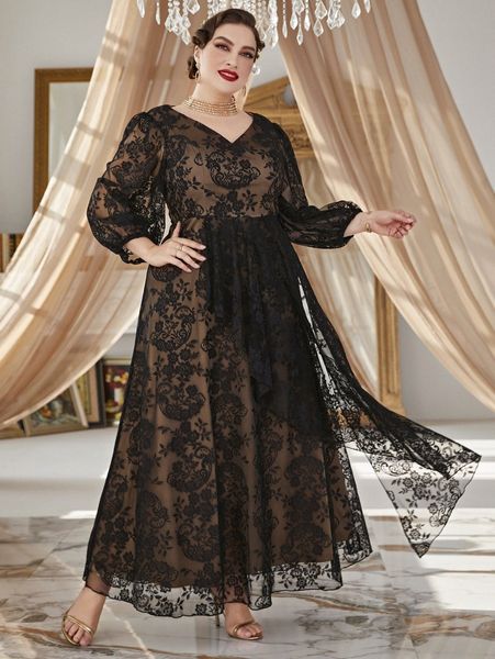 

plus strappy detail lantern sleeve floral mesh dress g5lk#, Black