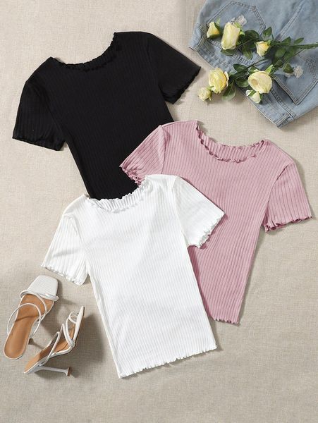 

3pcs lettuce trim ribbed knit tee s9d6#, White