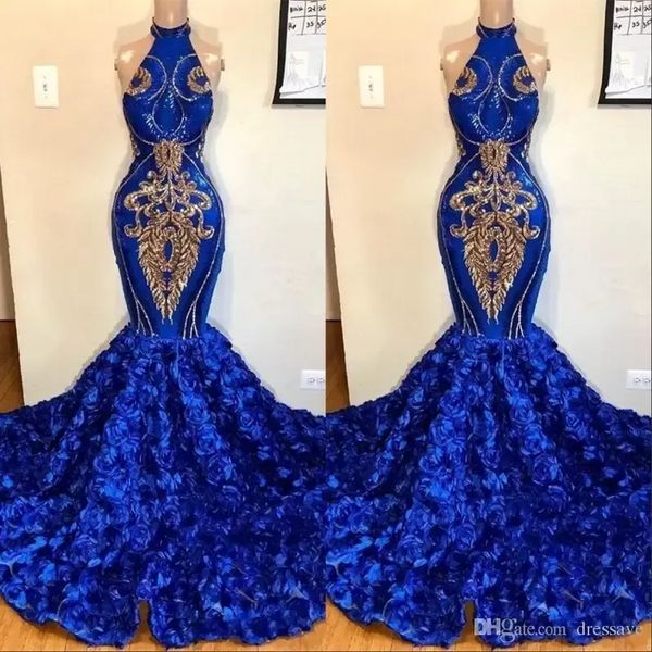 Novo !! Royal Blue Sereia vestidos de baile 2022 flores rosas saias longas capela de trem halter africano vestidos de noite de ouro miçangas vestido formal