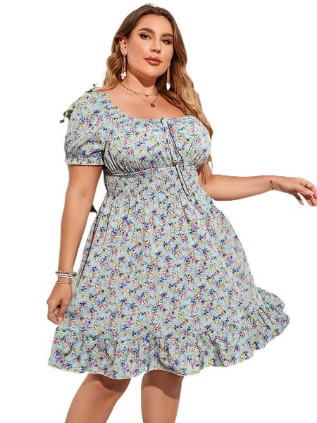 

plus ditsy floral tie front shirred waist ruffle hem dress a57e#, Black
