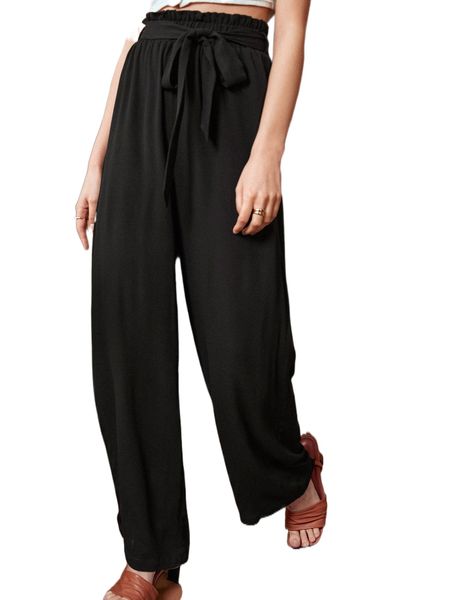 

solid paper bag waist belted straight leg pants s9yb#, Black;white