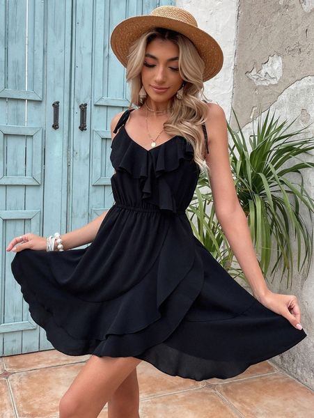 

tie shoulder ruffle trim wrap hem cami dress e8pw#, Black;gray