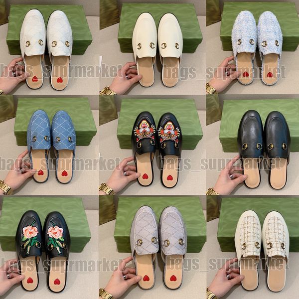 

24 colors designer princetown slippers guccy guccie for womens sliders sandal genuine leather mules women loafers metal chain casual shoes s, Black