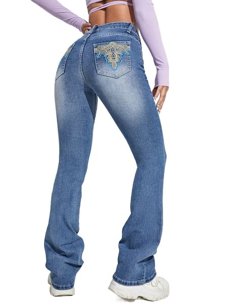 

bleach wash geo embroidery flare leg jeans t5xc#, Blue