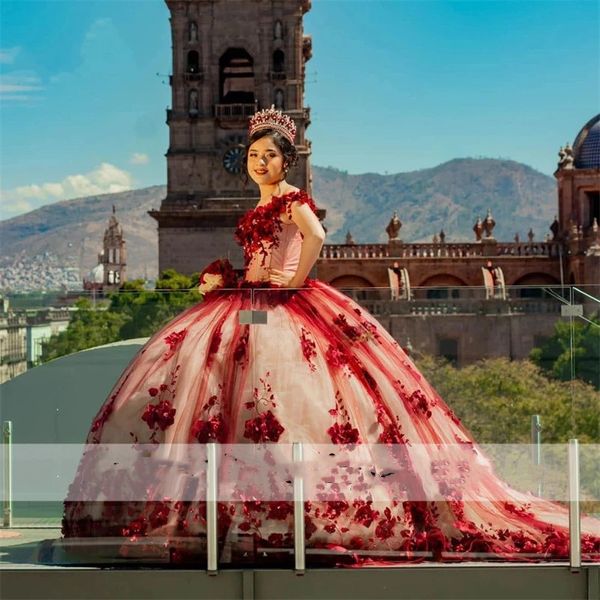 Vestido de bola de flores vermelhas vestidos quinceanera 2022 elegantes pérolas vestidos de 15 anos princesa espartilho vestido por 16 anos meninas