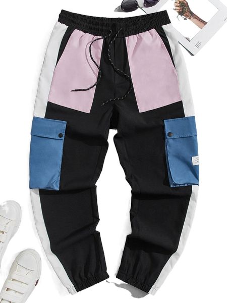 

men drawstring waist letter patched colorblock cargo pants q6bq#, Black