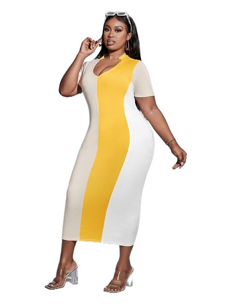 

plus color block notched neckline bodycon dress l2f1#, Black