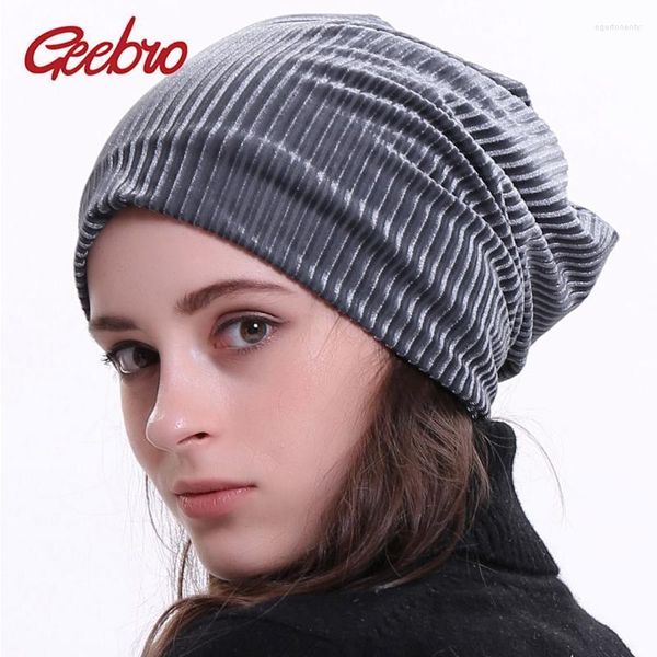 Geebro marka kadınlar kalın sarkık bere kış polyester yivli kafatası Beanies Balaclava Bonnet şapkası DQ810m Beanie/Kafatası Kapakları Eger22