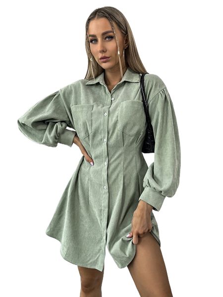 

lantern sleeve plicated detail dual pocket cord shirt dress 03xu#, Black;gray