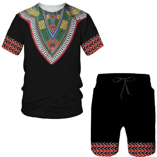 

summer 2 piece set 3d print african tshirt for men shorts suits vintage clothes hip hop t shirt conjunto masculino 220708, Gray