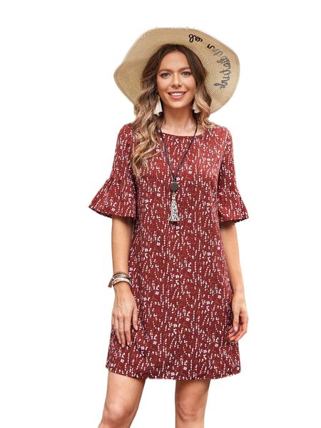 

emery rose ditsy floral flounce sleeve tunic dress r1cm#, Black;gray
