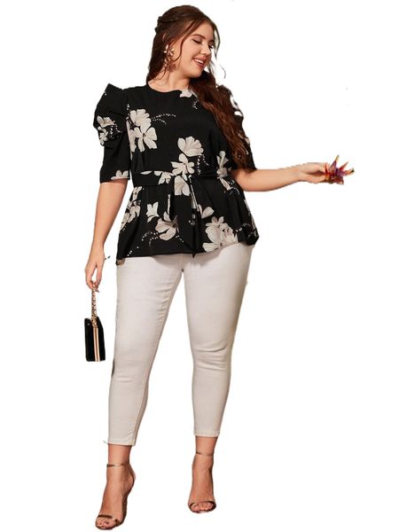 

plus puff sleeve self belted floral print q2h5#, Black