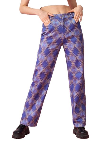 

x bellasyldesign plaid print straight leg pants q8gb#, Black;white