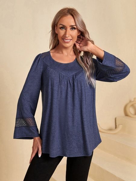 

emery rose solid contrast lace flounce sleeve tee p1bb#, White