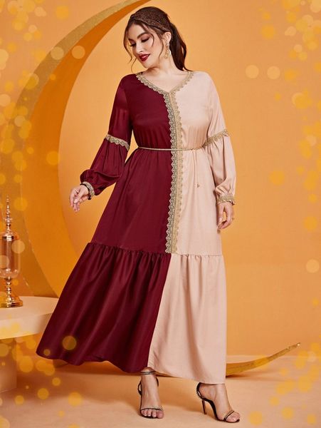 

plus two tone guipure lace panel lantern sleeve belted satin dress l8ox#, Black