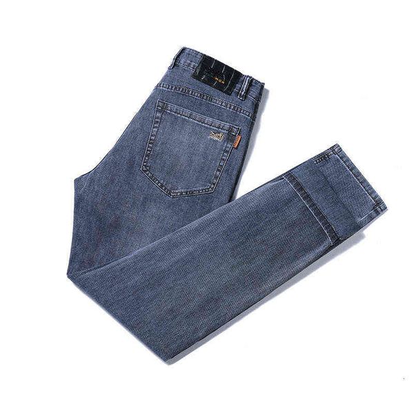

men's summer jeans straight tube slim fit brand embroidered youth casual elastic pants, Blue