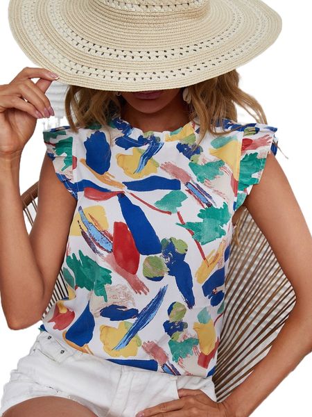 

frill mock neck ruffle armhole brush stroke print b77l#, White