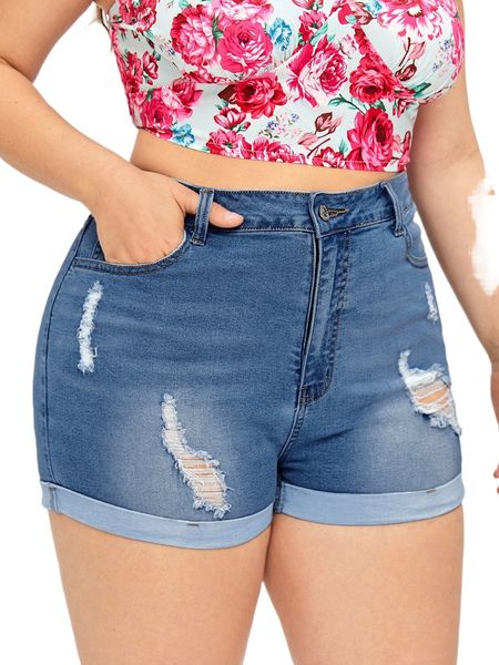 

plus high waist ripped roll hem denim shorts a80n#, White;black