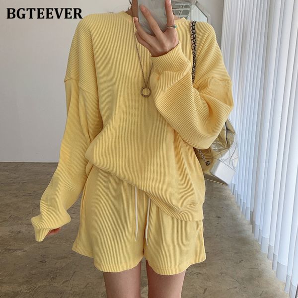 

casual loose solid women tracksuits long sleeve sweatshirt &amp elastic waist drawstring shorts ladies 2 pieces set 2022, White