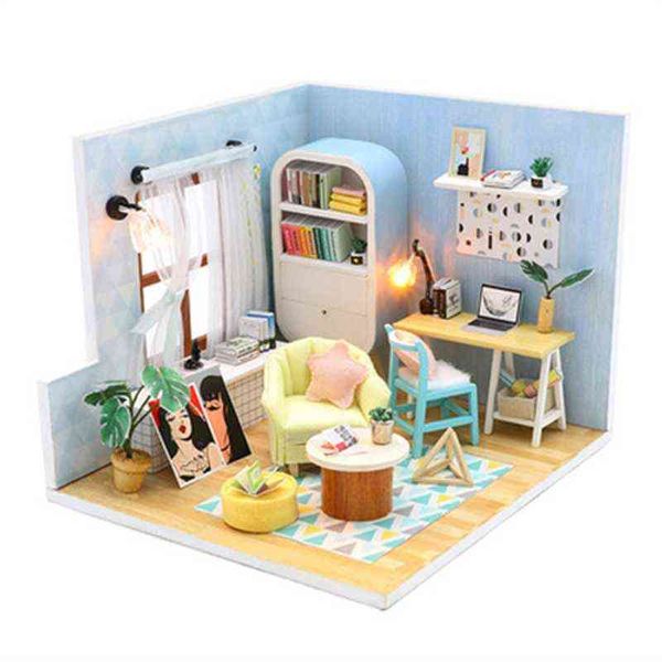 Diy casa de boneca kits diy móveis em miniatura casa de bonecas de madeira com capa poeira montagem decoração para casa presentes de aniversário de natal
