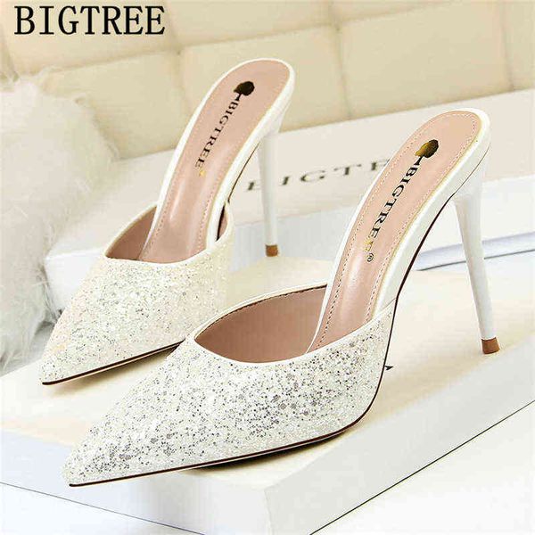 

slides women mules high heels new arrival 2022 glitter pumps shoes plus size sandals220513, Black