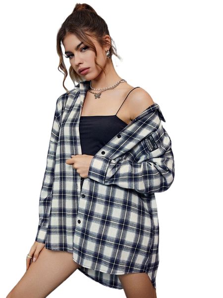 

plaid print drop shoulder blouse v5kz#, White
