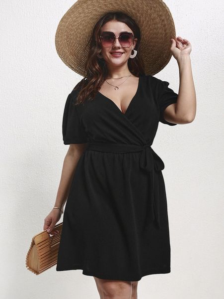 

plus surplice neck belted dress y7pf#, Black